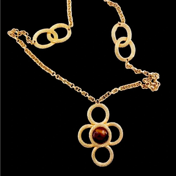 Vintage Accessocraft Brown Cabochon Gold Tone Station Necklace - Picture 1 of 5